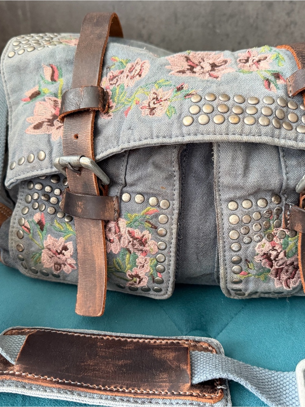 Free People Bed of Roses Messenger Bag Embroidered Studded Canvas Leather Boho.